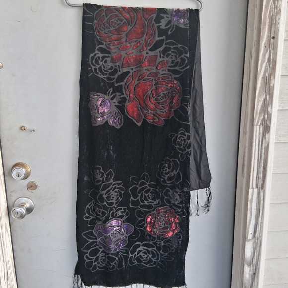 Accessories - Whimsigoth Shawl Wrap Crushed Black Velvet Red Purple Roses Moody Romantic EUC